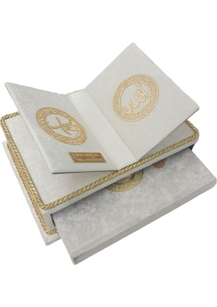 Masa Üstü Rahleli Kadife Kaplı Sandıklı Kuranı Kerim Seti Rahiya Serisi Krem