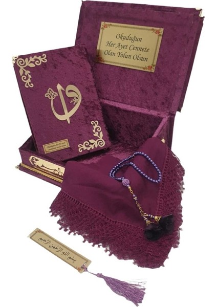 Kişiye Özel Hediye Orta Boy Kuranı Kerim Tespih-Örtü-(Mürdüm)