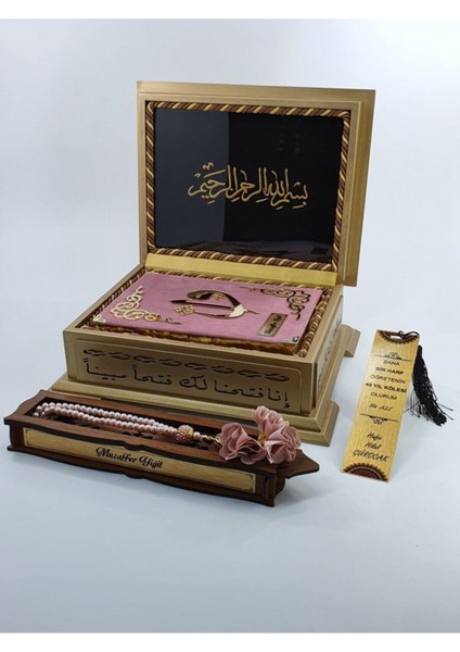 Öğretmenler Günü Kuranı Kerim Seti Ahşap Kutulu Koyu Pudra modelleri