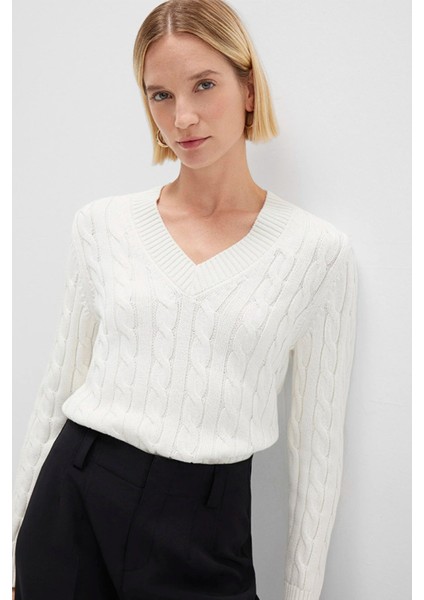 Kadın Ipek Karışımlı V Yaka Ekru Kazak 1710720-70057