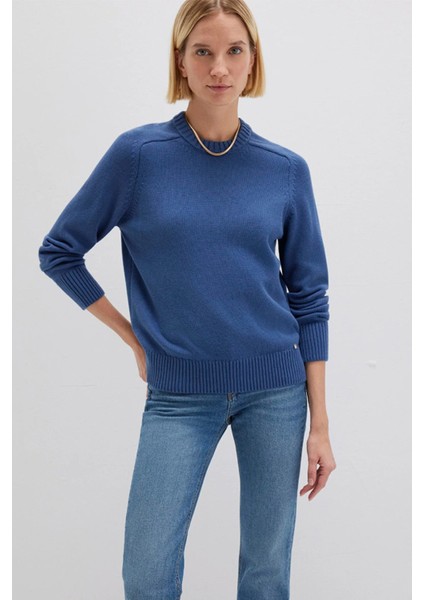 İpek Karışımlı Bisiklet Yaka Mavi Kazak 1710726-70719