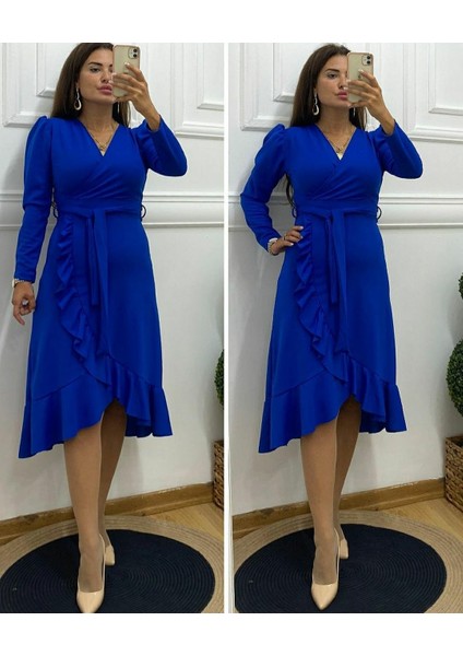 Krep Kumaş Midi Boy Kuşaklı Uzunkol Elbise indirimleri