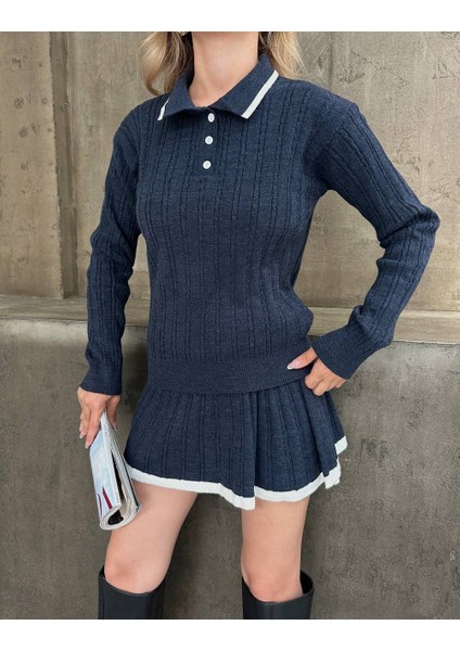 Gömlek Yaka Triko Kumaş Hırka Pileli Etek Takım