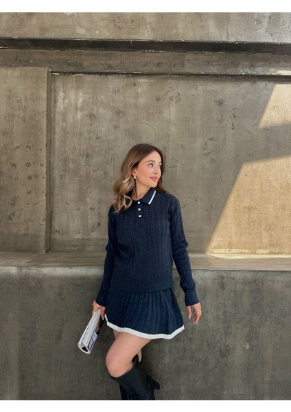 Gömlek Yaka Triko Kumaş Hırka Pileli Etek Takım fiyatları