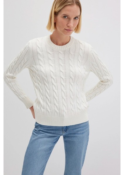 İpek Karışımlı Bisiklet Yaka Ekru Kazak 1710721-70057