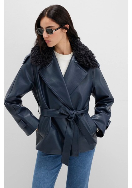 Lacivert Suni Kürk Detaylı Suni Deri Ceket 1110717-87822