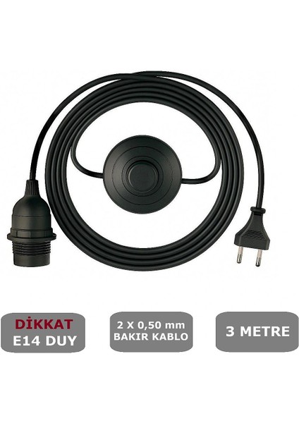 E14 Duylu 3 Metre Yerpuarlı (Aç Kapat Anahtar) Fişli Seyyar (2x0,50) (Siyah)