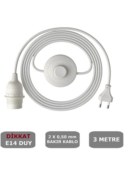 E14 Duylu 3 Metre Yerpuarlı (Aç Kapat Anahtar) Fişli Seyyar (2x0,50) (Beyaz)