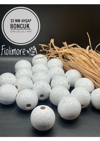 32 mm Beyaz Ahşap Boncuk (10 Adet)Yuvarlak Makrome Çanta Tasarım Dar Delik Çapı 7 mm