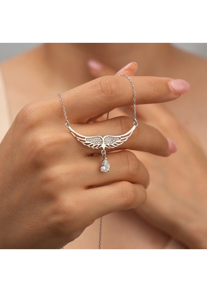 925 Ayar Rodyum Kaplama Damla Swarovski Taşlı Melek Kanadı Gümüş Kolye
