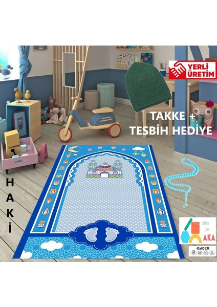 Çocuk Seccade Takke Tesbih Set Büyük Boy Erkek Çocuk Namaza Ilk Adım Eğlenceli Dekoratif Namazlık