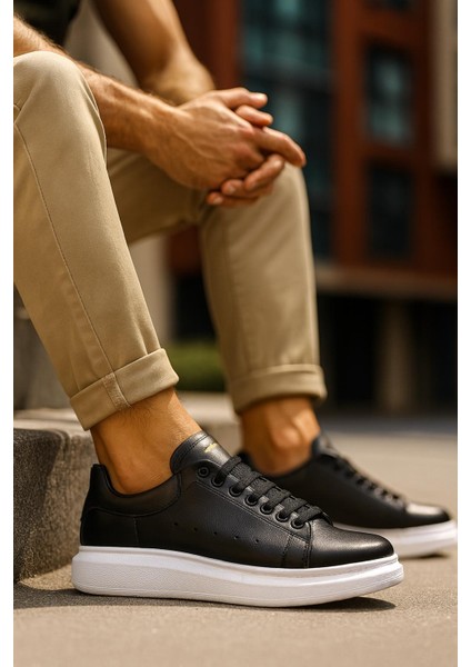 Erkek Kadın Unisex Bağcıklı Deri Yüksek Tabanlı Rahat Günlük Spor Ayakkabı Sneaker