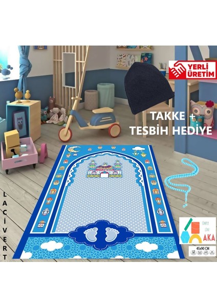 Çocuk Seccade Takke Tesbih Set Büyük Boy Erkek Çocuk Namaza Ilk Adım Eğlenceli Dekoratif Namazlık