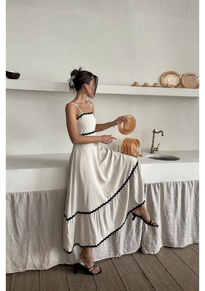 Bej Şerit Detay Keten Elbise