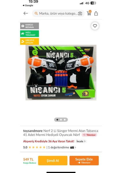 Nerf Ikili Sünger Mermi Atan Tabanca modelleri