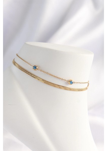 Bfs 316L Çelik Gold Renk Nazar Boncuk Tasarımlı 2li Halhal