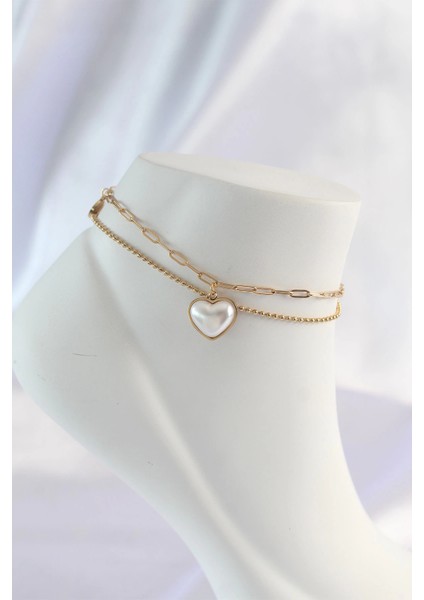 Bfs 316L Çelik Gold Renk Beyaz Kalpli 2li Halhal