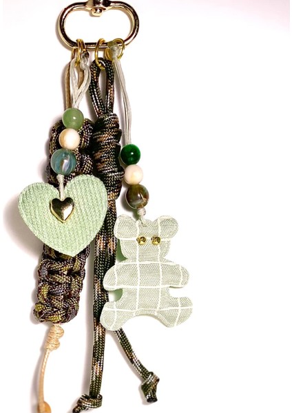 El Yapımı Paracord Çanta Charmı – Kalp, Ayıcık, Yıldız, Nazar Boncuğu ve Dekoratif Boncuklu