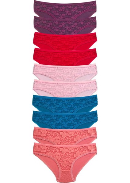 10 Adet Önü Dantelli Transparan Kadın Slip Külot S230