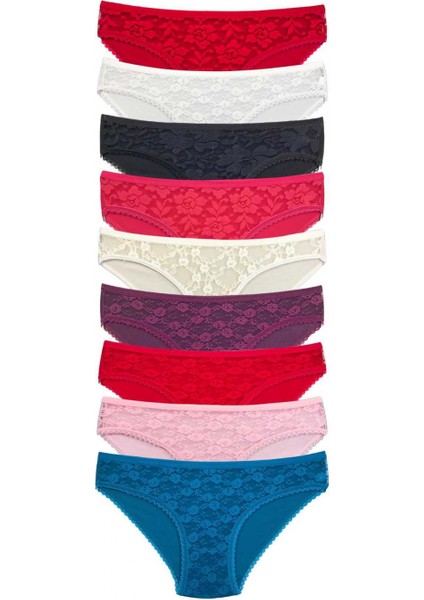 9 Adet Önü Dantelli Transparan Kadın Slip Külot S119