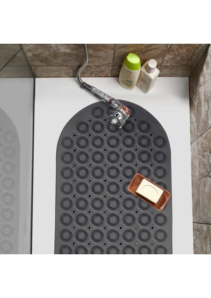 2 Adet Oval Masajlı Duşa Kabin Banyo & Duş Kaydırmazı & Küvet Paspası Vantuzlu 37X69 cm Gri M-142