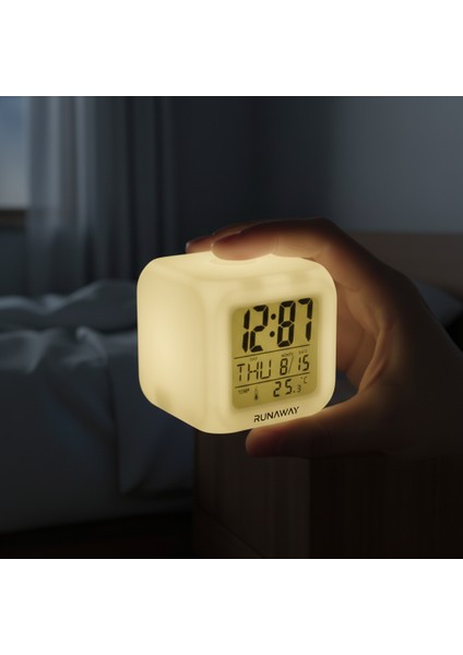 Renk Değiştiren Alarmlı Dijital Küp Saat 7 Renk Dokunmatik Müzikli Alarm