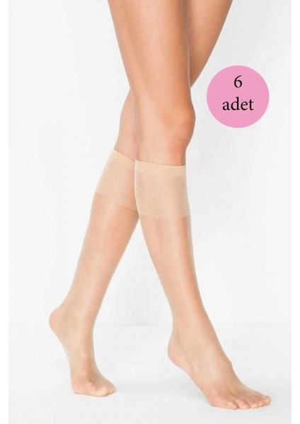 6 Adet Kadın Diz Altı Parlak Fit 15 Denye Çorap Açık Ten