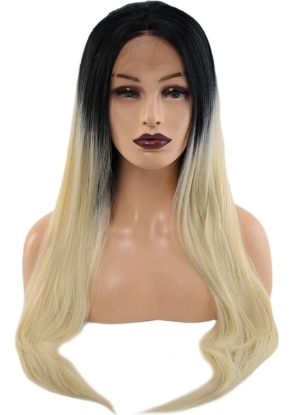 Fiber Sentetik Düz Uzun Tül Peruk - Siyah Platin Orta Ombreli