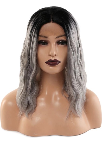 Fiber Sentetik Dalgalı Kısa Tül Peruk - Siyah Gri Ombreli