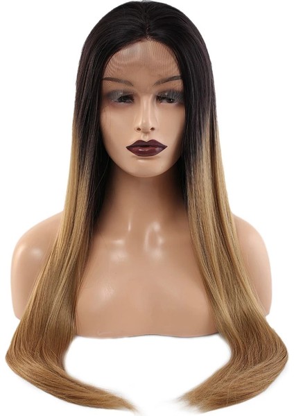 Fiber Sentetik Düz Uzun Tül Peruk - Siyah Karamel Orta Ombreli