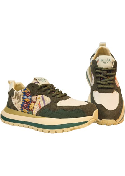 erkek Deri ve Renk Bloklu Tekstil Detaylı Bağcık Kapamalı Sneakers Ayakkabı