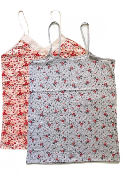 2 Adet Kadın Askılı Desenli Atlet Dantelli Empirme Pamuklu Penye D1-2