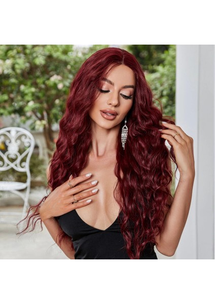 Koyu Kızıl Su Dalgalı Fiber Sentetik Tül Peruk indirimleri
