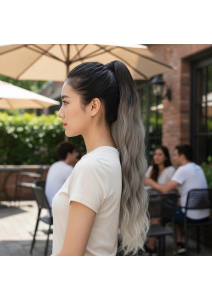 Lastik Tokalı At Kuyruğu Su Dalgalı - Kumral / Beyaz Platin Ombre