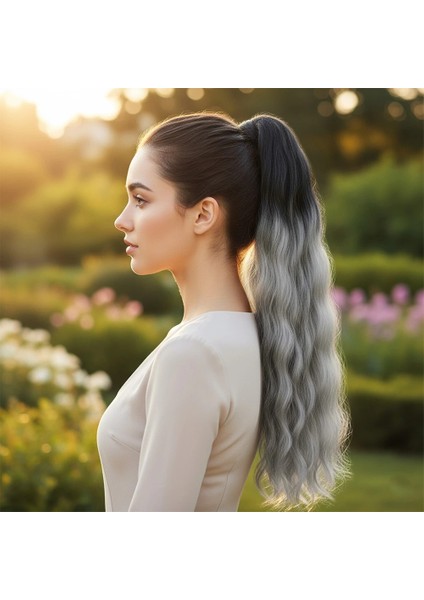 Lastik Tokalı At Kuyruğu Su Dalgalı - Siyah / Gri Ombre