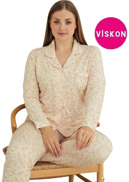 Kadın Büyük Beden Viskon Önden Düğmeli Gömlek Yaka Göğüs Cepli Uzun Kol Mevsimlik Pijama Takımı