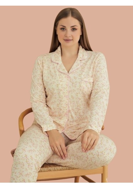 Kadın Büyük Beden Viskon Önden Düğmeli Gömlek Yaka Göğüs Cepli Uzun Kol Mevsimlik Pijama Takımı fırsatları
