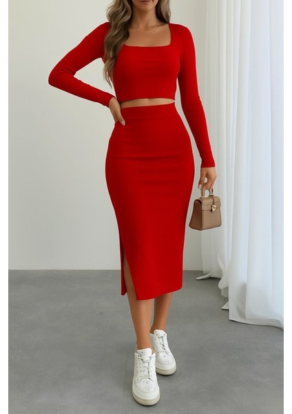 Kadın Uzun Kollu Kaşkorse Crop ve Etek Takım modelleri