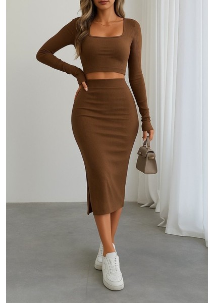 Kadın Uzun Kollu Kaşkorse Crop ve Etek Takım modelleri