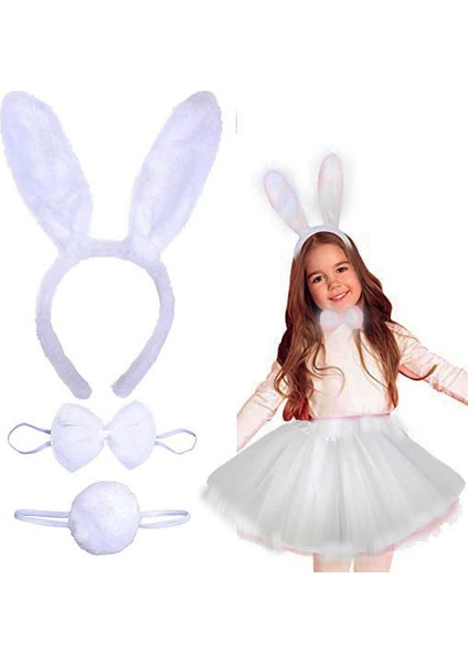Tavşan Tacı Eteği Papyonu ve Kuyruk Kostüm Seti Beyaz Renk Çocuk Boy (5224)