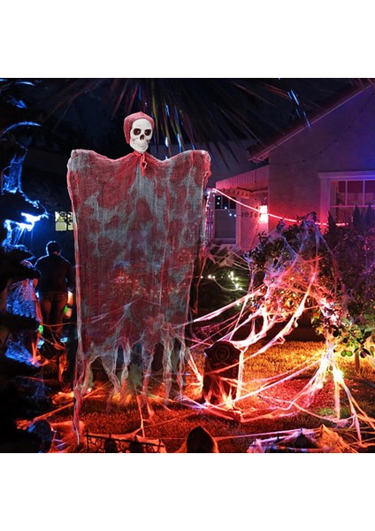LED Işıklı Kahkaha Atan Sesli Sensörlü Ürpertici Kuru Kafa Kanlı Korku Hayalet Saçaklı Dekor 90X50 cm (5224) modelleri