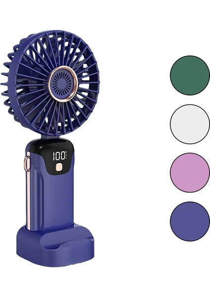 LED Göstergeli Type-C Şarjlı Mini El Fanı Sabit Başlık 5-Kademe Hız Telefonluklu M.üstü Ayak Vantilatör (5224)