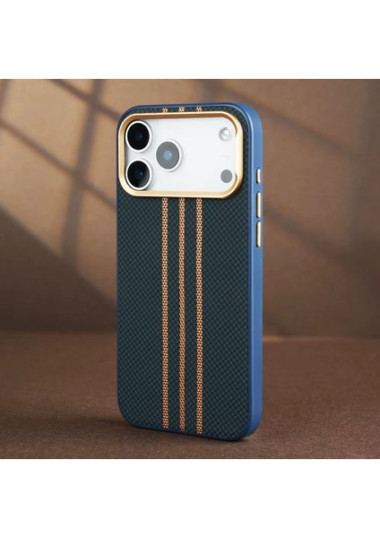 Apple iPhone 17 Pro Uyumlu Kılıf Zebana Goldrix Karbon Fiber M-Safe Kılıf Lacivert