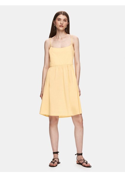 Ince Askılı Kare Yaka Turuncu Elbise