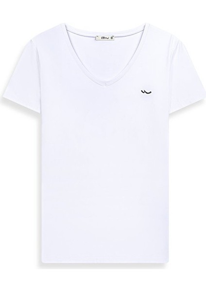 Kısa Kollu V Yaka Sıgnlı Basıc Krem T-Shırt