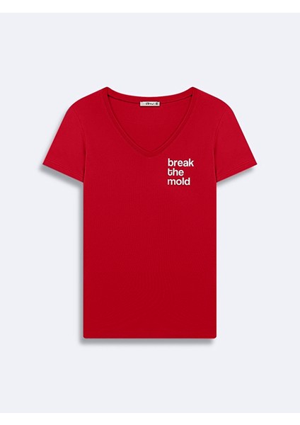 Kısa Kollu V Yaka Basıc Sloganlı Kırmızı T-Shırt