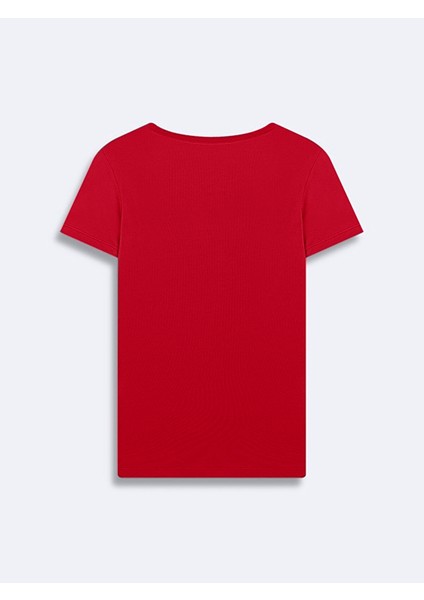 Kısa Kollu V Yaka Basıc Sloganlı Kırmızı T-Shırt fiyatları
