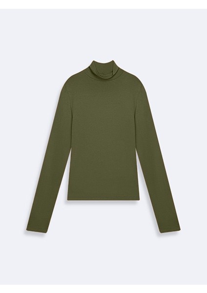 Uzun Kollu Balıkçı Yaka Basıc Yeşil Sweatshırt