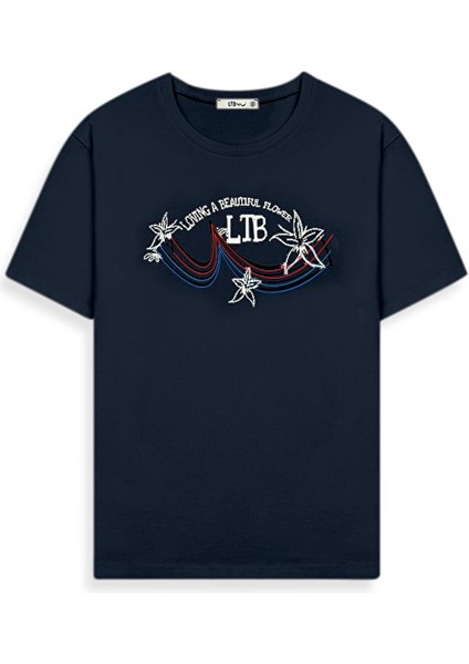 Kısa Kollu Sıfır Yaka Sıgn Baskılı Lacivert T-Shırt