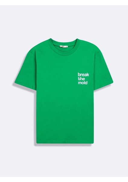 Kısa Kollu Sıfır Yaka Sloganlı Yeşil T-Shırt